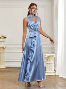 SHEIN Belle Elegant And Romantic V Neck Ruffles And Sashes Bridesmaid Dress - Baby Blue - View 6