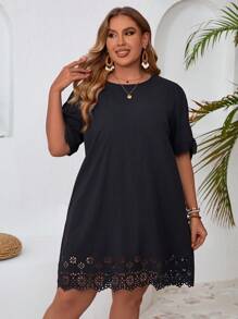 SHEIN VCAY 大尺寸純色蝴蝶結袖口燒花邊連衣裙 - 黑色 - 查看 5