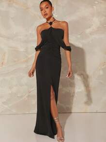 SHEIN Unity Vestido solido con hombros descubiertos, rizado y abertura en el muslo