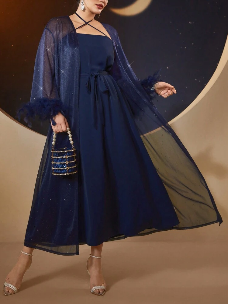 Plus Size Women's Glitter Sparkle Jacket And Halter Neck Dress Set, Patchwork Turkey Feather & Real Fur 2 Piece Set