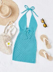 Soleia Solid Color V-Neck Halter Knitted Sweater Dress