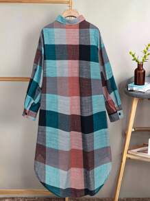 EMERY ROSE Plus 1pc Plaid Print Roll Tab Sleeve High Low Hem Shirt - Multicolor - View 2