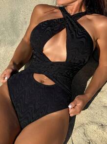 SHEIN Swim Maillot de bain une pièce ajusté slim avec découpes de couleur unie pour l'été