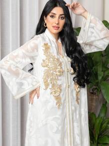 Al Najma Color Blocking Embroidered Patchwork Notched Neck Long Sleeve Jalabiya Dress Eid Dress, Modest Kaftan