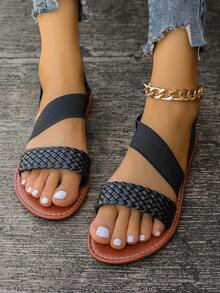 Giày sandal đế bằng hở mũi, quai chun và quai sau thời trang và thoải mái cho nữ, màu đen - màu đen - Xem 6