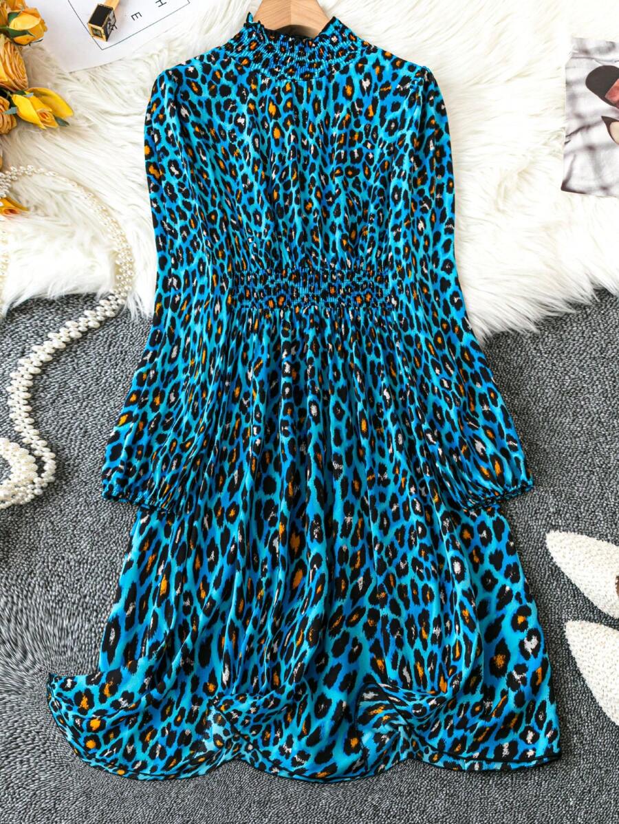 SHEIN Clasi 大尺碼女士豹紋立領燈籠袖a字裙連衣裙 - 彩色 - 查看 1