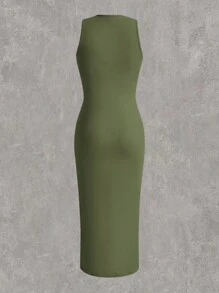 SHEIN EZwear Dress Ukuran Plus Ruched Split Thigh Plain Anggun - Hijau Tentara - View 2