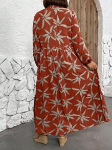 Breezaya 大码女式植物印花衬衫裙长款女装 - 棕色 - 查看 2