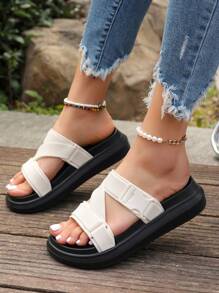 Women's Chunky Platform Slippers, Summer Korean Style Open Toe Slides Crossed Straps Beach Sandals - Beige - View 1