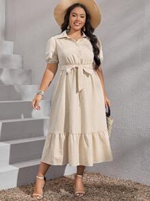 SHEIN VCAY Plus Striped Print Ruffle Hem Belted Shirt Summer Dress - Yellow - View 3