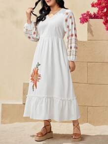Mulvari Robe Grande Taille Pour Femme À Manches Lanterne Et À Col V Imprimé Floral