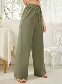 SHEIN Essnce Solid Color Elastic Waist Slant Pocket Straight Leg Pants - Army Green - View 3