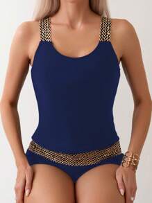Swim Lushoire Summer Beach Spliced Braided Wide Strap Tankini Set - Navy Blue - View 4