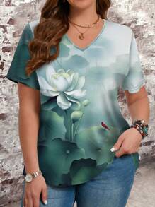 EMERY ROSE Plus Size Women Lotus Pattern V-Neck Short Sleeve T-Shirt