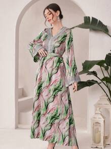 Al Najma Vestido De Manga Larga Con Cuello En V Acanalado Y Estampado De Plantas Para Mujer