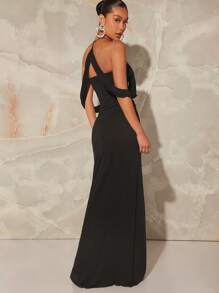 SHEIN Unity Vestido solido con hombros descubiertos, rizado y abertura en el muslo