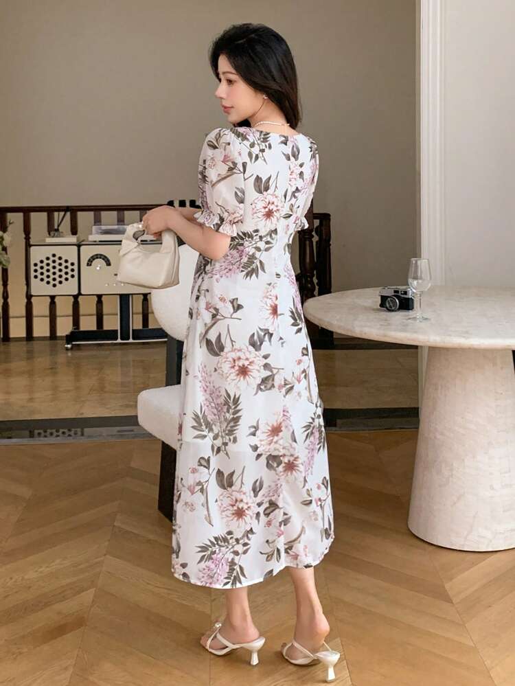 Ladies' Sweetheart Neckline Floral Print Ruffled Short Sleeve Dress,Milkmaid Dress Sundress Vacation Outfits Women Boho