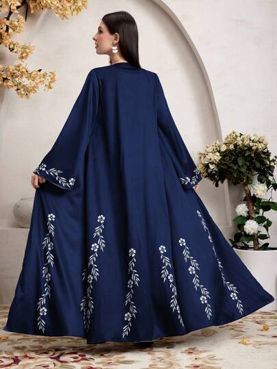 Al Najma Women's Floral & Plants Print Bell Sleeve Long Jacket, Muslim Fashion Abaya For Casual/Festival/Gathering/Travel