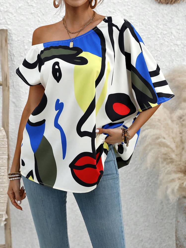 Women's Asymmetrical Collar Abstract Print Shirt