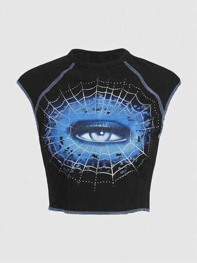 Grunge Punk Eye Print Cap Sleeve Crop Tee