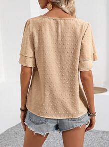 SHEIN LUNE Women's Ruffle Sleeve Embroidered Polka Dots Shirt With V-Neckline - Apricot - View 2