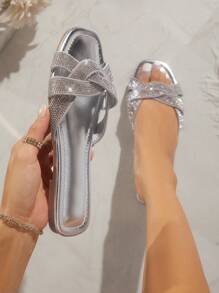 SHUZIA Women's Rhinestone Decor Flat Sandals