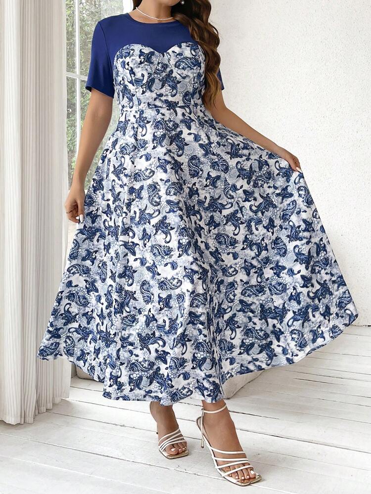 Plus Size Cashew Flower Print Patchwork Dress