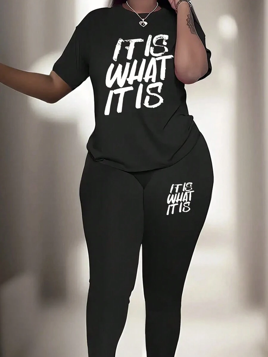 SHEIN Plus Size Casual Two Piece Set With Slogan Print