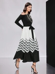 Modelyn Women's Color Block Splicing & Asymmetric Neck Design Dress Long Evening Dresses - Multicolor - View 5