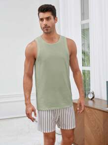 SHEIN 2 Unids/set Chaleco De Color Sólido Para Hombres Y Pantalones Cortos A Rayas Ropa De Casa Informal
