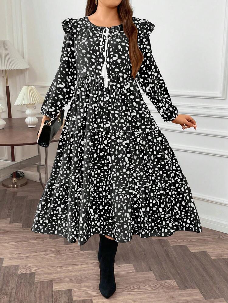 Plus Size Women's Printed Splicing Dress With Ruffle Edge And Lantern Sleeve Fall Cloth For Women