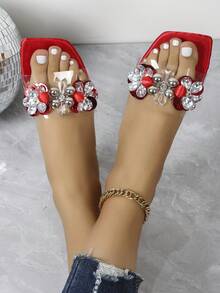 Zapatillas De Verano 2020 Para Mujer Con Decoración De Flores Y Diamantes De Imitación, Cómodas Y De Diseño Claro De Cristal Para Uso Al Aire Libre, Con Diseño De Punta Cuadrada Plana Y Punta Abierta - Rojo - Ver 4