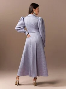 Modelyn Vestido de Manga Bufante Longa com Gola Virada para Baixo, Elegante Vestido de Festa da Noite, Vestidos de Festa Longos - Azul - Visão 2