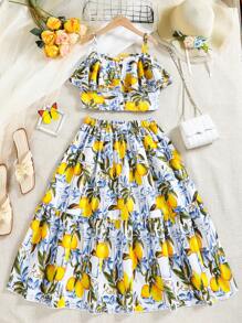 Tween Girl Lemon Print Ruffle Trimmed Bandeau Top And Skirt Set, Perfect For Vacation In Summer - Multicolor - View 1