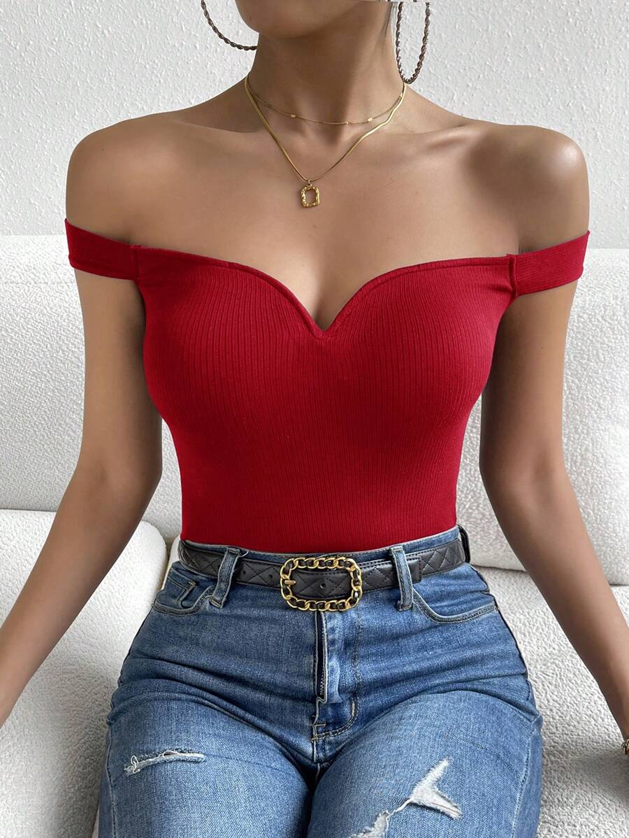 Firerie 女士甜心領緊身性感上衣 - 紅色 - 查看 1