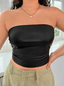 SHEIN EZwear 女士加大尺寸針織側收褶黑色背心上衣 - 黑色 - 查看 3