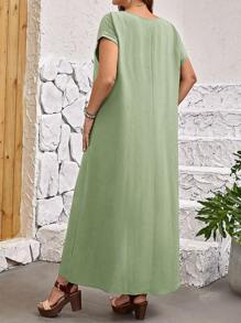 EMERY ROSE Plus Size Casual Round Neck Short Sleeve Dress - Green - View 2