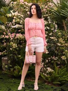 Aveloria Willekeurig Geprint Klokmouwen Cropped Blouses
