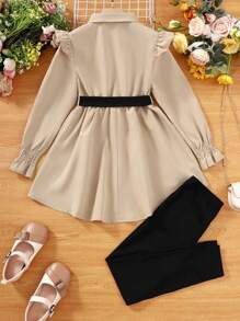 SHEIN 少女荷葉邊飄帶袖扣帶上衣和打底褲