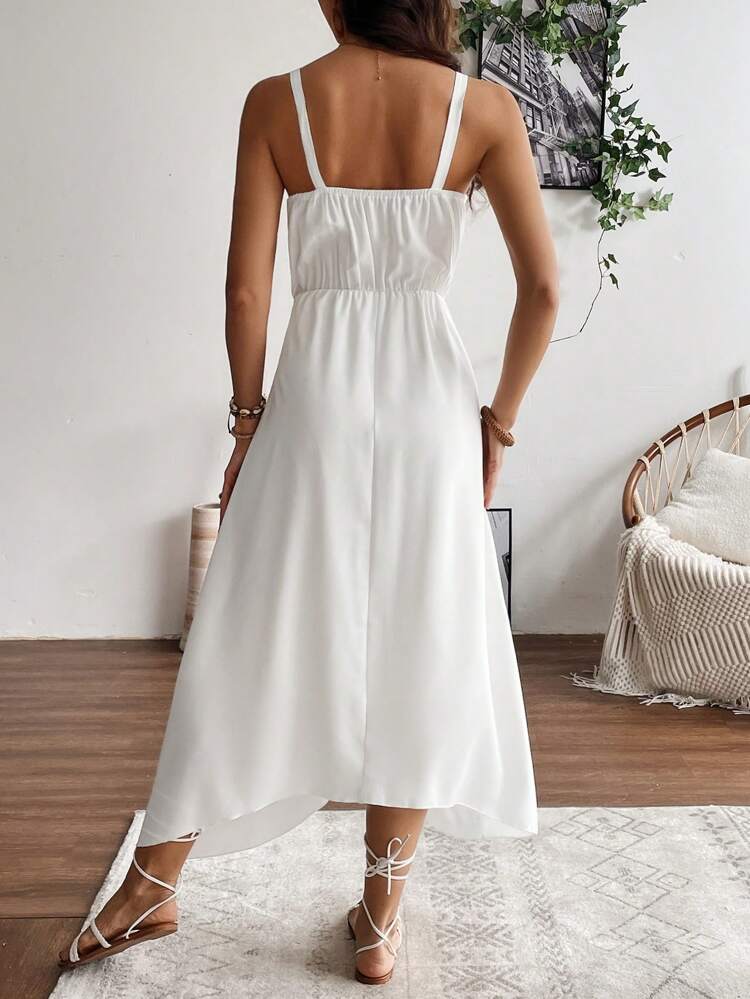 Women's Splicing Asymmetrical Hem Ruffle Trim Sleeveless Dress With Shoulder Straps