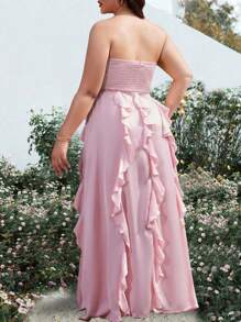 SHEIN Belle Plus Size Solid Color Strapless 3d Flower Lace Dress, Wedding Guest Dress - Pink - View 2