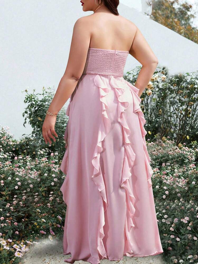 Plus Size Solid Color Strapless 3d Flower Lace Dress, Wedding Guest Dress