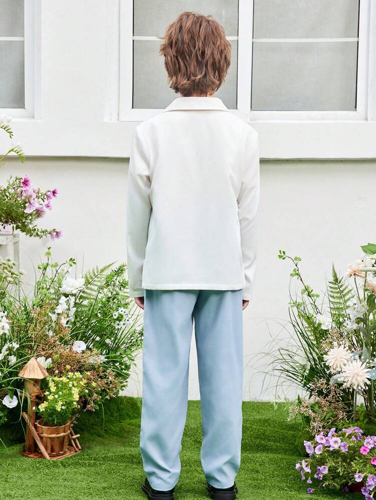Tween Boy Loose Fit Elegant Woven Plain Color Turn Collar Suit With Long Pants 2pcs/Set