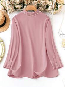 SHEIN LUNE Plus Size Women's Beaded Long Sleeve Shirt - Pink - View 2