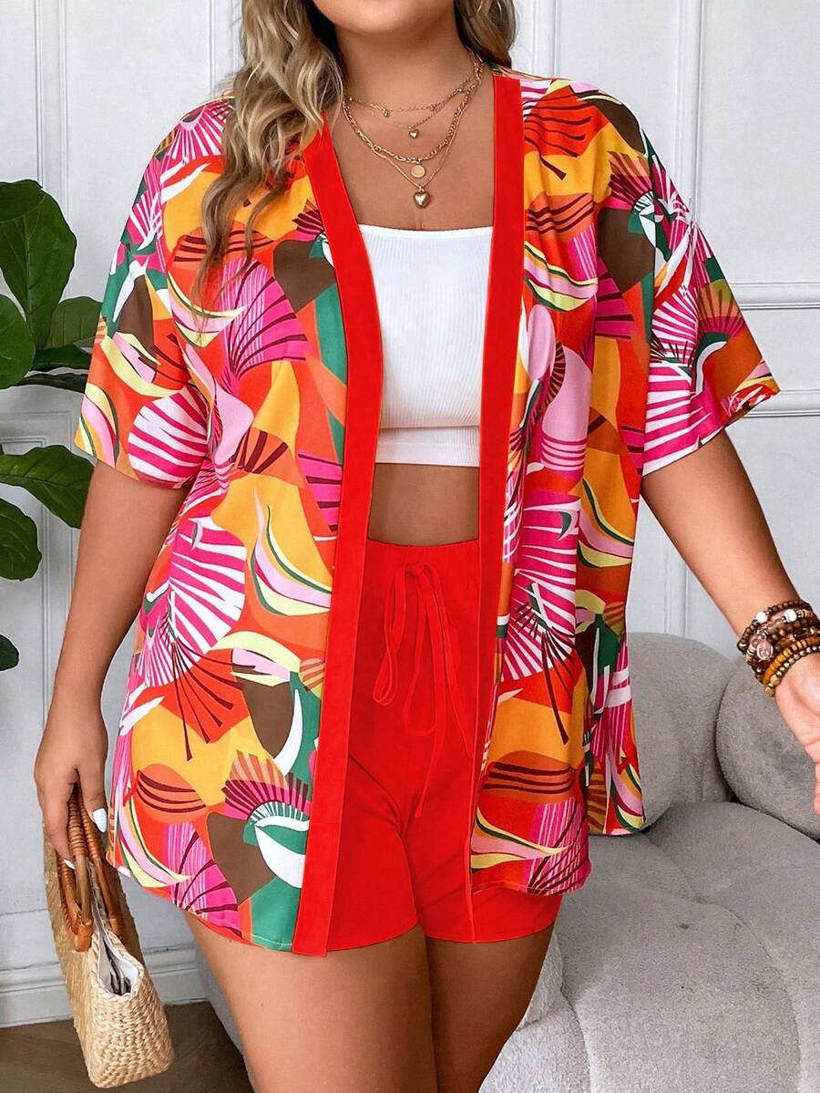 SHEIN Holidaya Kích thước lớn In Nút phía trước Ngắn tay Áo Và Quần short - Nhiều màu - Xem 1