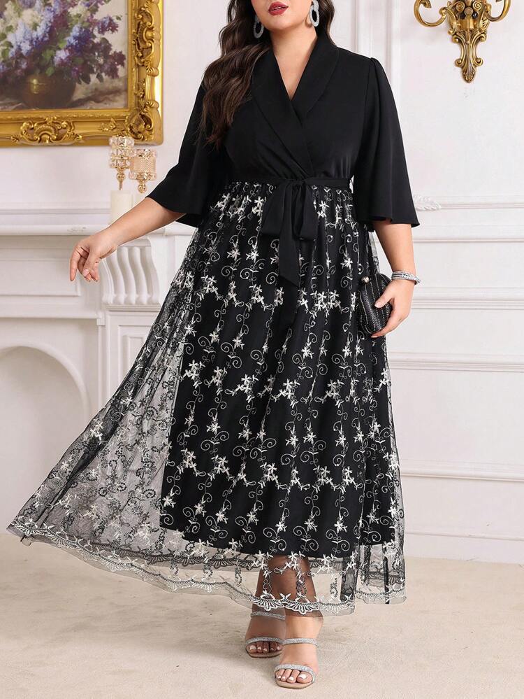 Plus Size Floral Embroidery & Mesh Contrast Black Summer Long Dress Long Evening Dresses