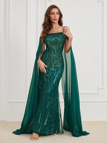 Vestido de manga larga con hombros descubiertos y bordado de lentejuelas - Verde Oscuro - Ver 5