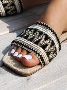 WRCVS Women Embroidered Slip-On Sandals, Woven Flat Slippers, Retro Patterned Bohemian Style Casual Outdoor Shoes - Black - View 7