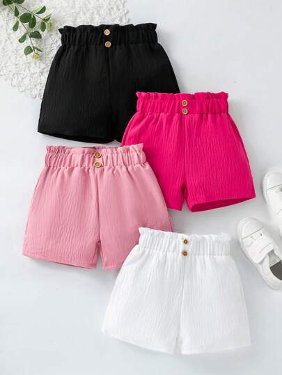 SHEIN Elladie kids 4pcs/Set Young Girls' Simple Style Casual Elastic Waistband Shirred Shorts Four-Piece Set For Summer