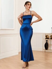 SHEIN Belle Vestido de dama de honor de estilo sirena de satén con dobladillo con volantes - Azul Marino - Ver 1